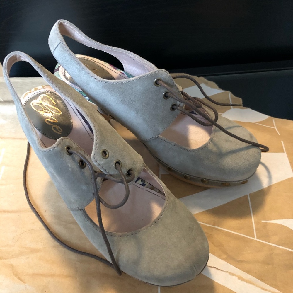 Dusty green suede sandal heels with shoe laces